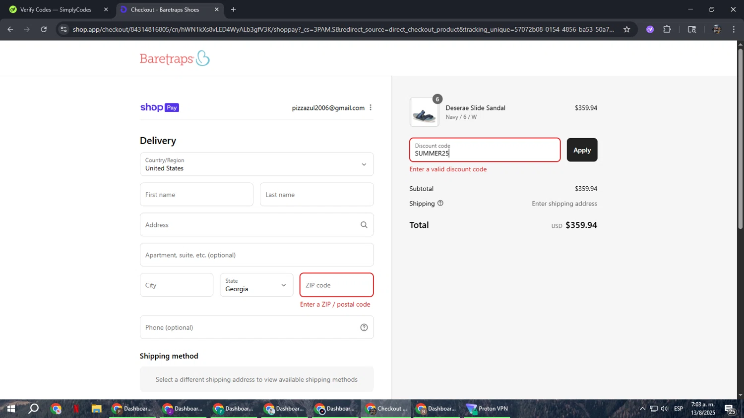 Baretraps promo code screenshot showing code SUMMER25 applied at Baretraps checkout page. Uploaded by SimplyCodes community member xxdddd on Aug 13, 2025