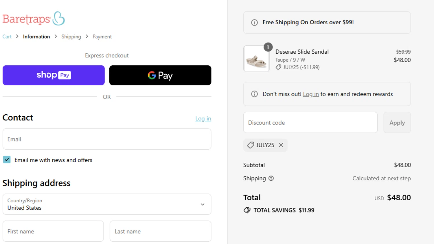 Baretraps promo code screenshot showing code JULY25 applied at Baretraps checkout page. Uploaded by SimplyCodes community member aumentadax10 on Jul 9, 2025
