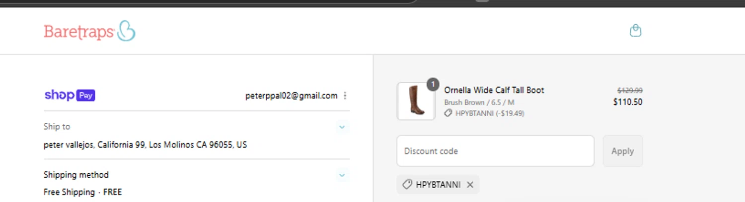 Baretraps promo code screenshot showing code HPYBTANNI applied at Baretraps checkout page. Uploaded by SimplyCodes community member ricardoramirez1 on Aug 28, 2025
