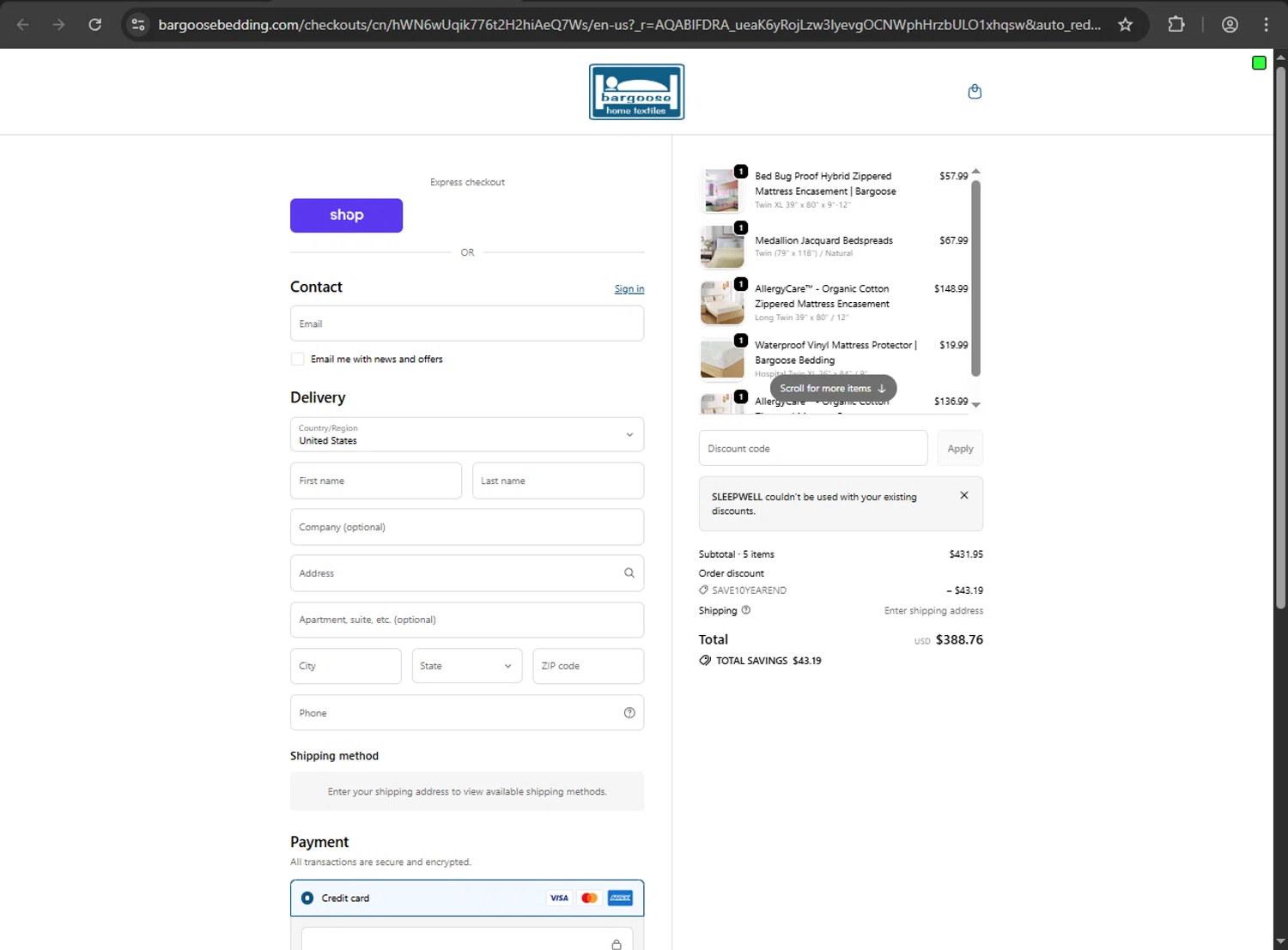 Bargoose promo code screenshot showing code SLEEPWELL applied at Bargoose checkout page. Uploaded by SimplyCodes community member gokuyvegetta on Dec 28, 2025