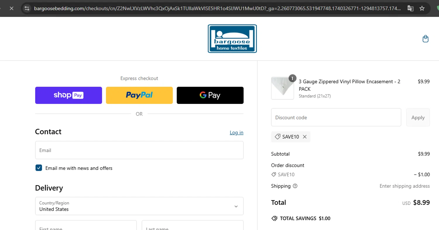 Bargoose promo code screenshot showing code SAVE10 applied at Bargoose checkout page. Uploaded by SimplyCodes community member Kony24 on Feb 23, 2025