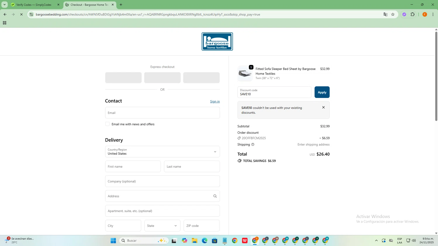 Bargoose promo code screenshot showing code SAVE10 applied at Bargoose checkout page. Uploaded by SimplyCodes community member SavvyCollector9528 on Nov 24, 2025
