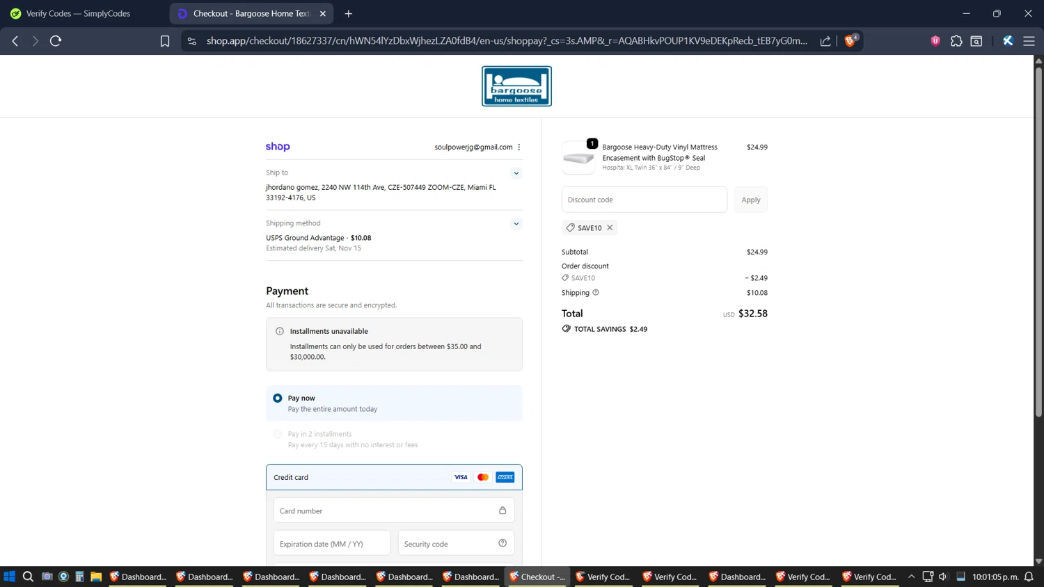 Bargoose promo code screenshot showing code SAVE10 applied at Bargoose checkout page. Uploaded by SimplyCodes community member jhordano on Nov 9, 2025