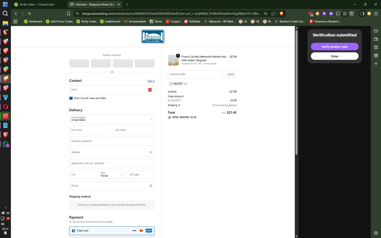 Bargoose promo code screenshot showing code AB20OFF applied at Bargoose checkout page. Uploaded by SimplyCodes community member ilarrazaM6 on Dec 16, 2025
