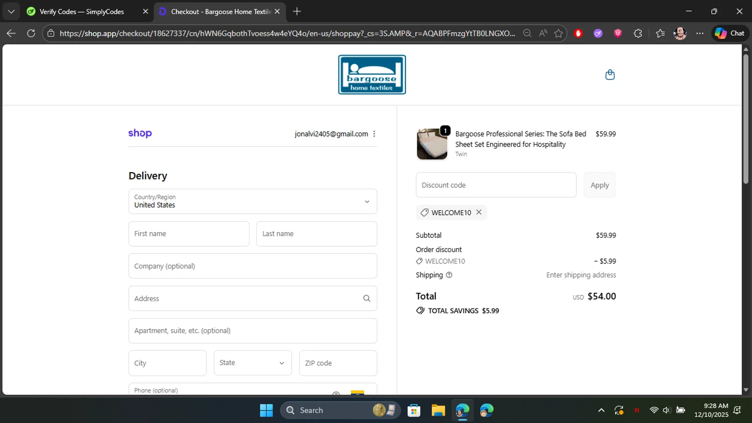 Bargoose promo code screenshot showing code WELCOME10 applied at Bargoose checkout page. Uploaded by SimplyCodes community member Blackleg_Sanji on Dec 10, 2025