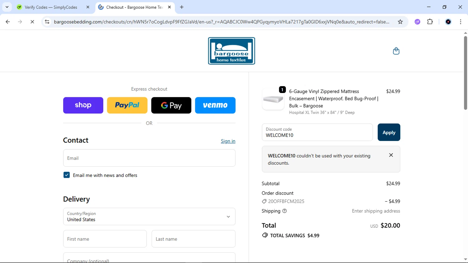 Bargoose promo code screenshot showing code WELCOME10 applied at Bargoose checkout page. Uploaded by SimplyCodes community member EpicTiger6039 on Nov 29, 2025