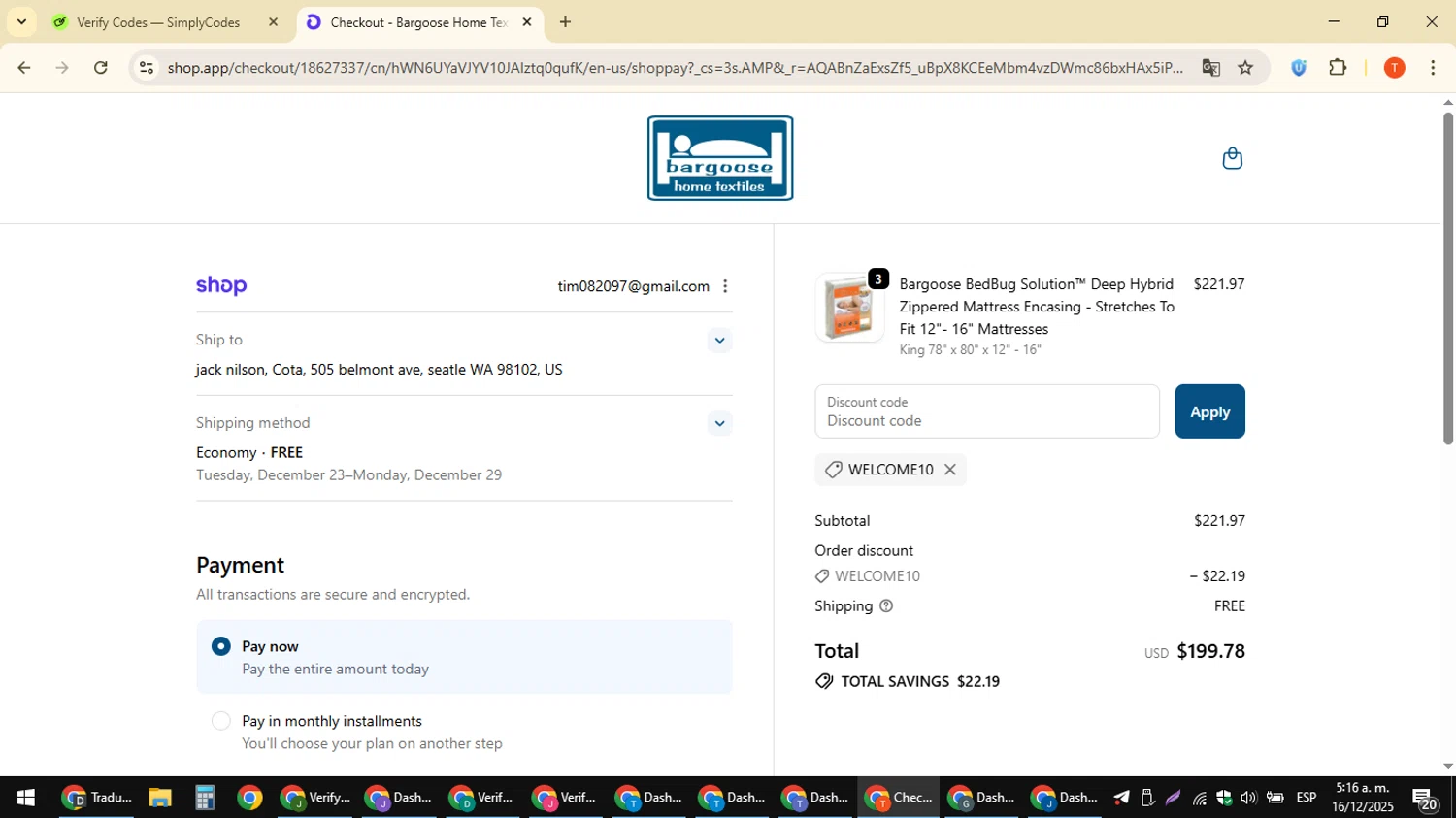 Bargoose promo code screenshot showing code WELCOME10 applied at Bargoose checkout page. Uploaded by SimplyCodes community member ShrewdAce8338 on Dec 16, 2025