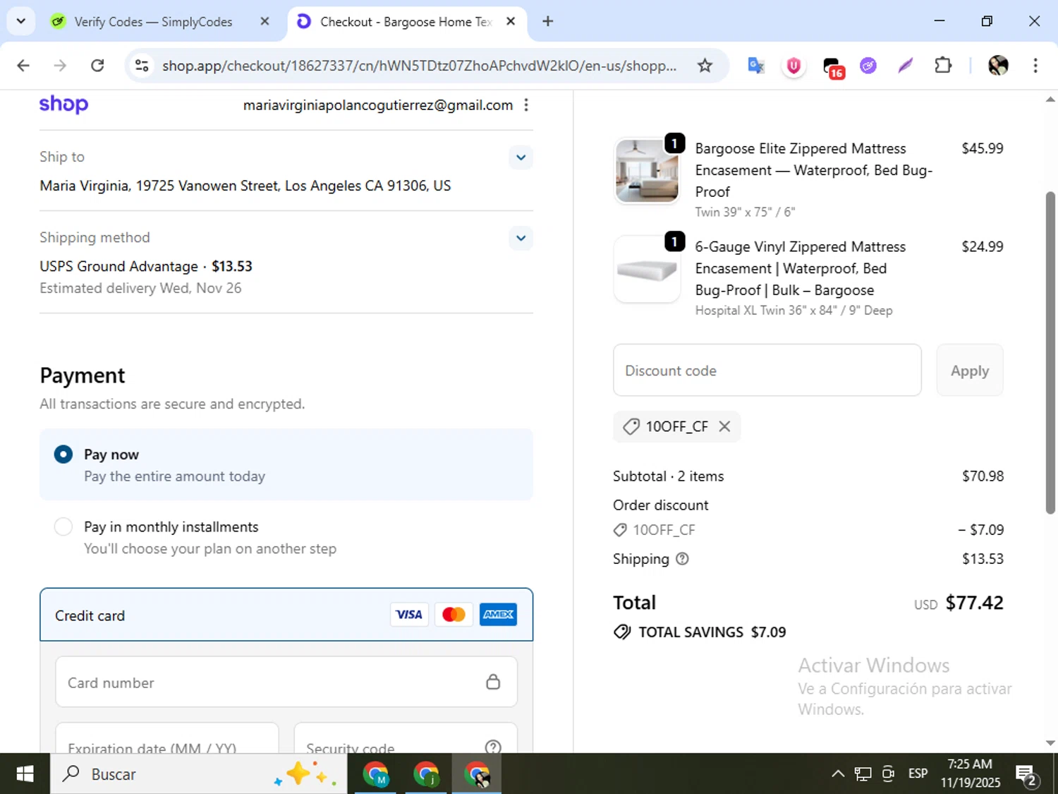 Bargoose promo code screenshot showing code 10OFF_CF applied at Bargoose checkout page. Uploaded by SimplyCodes community member mariapolancog on Nov 19, 2025