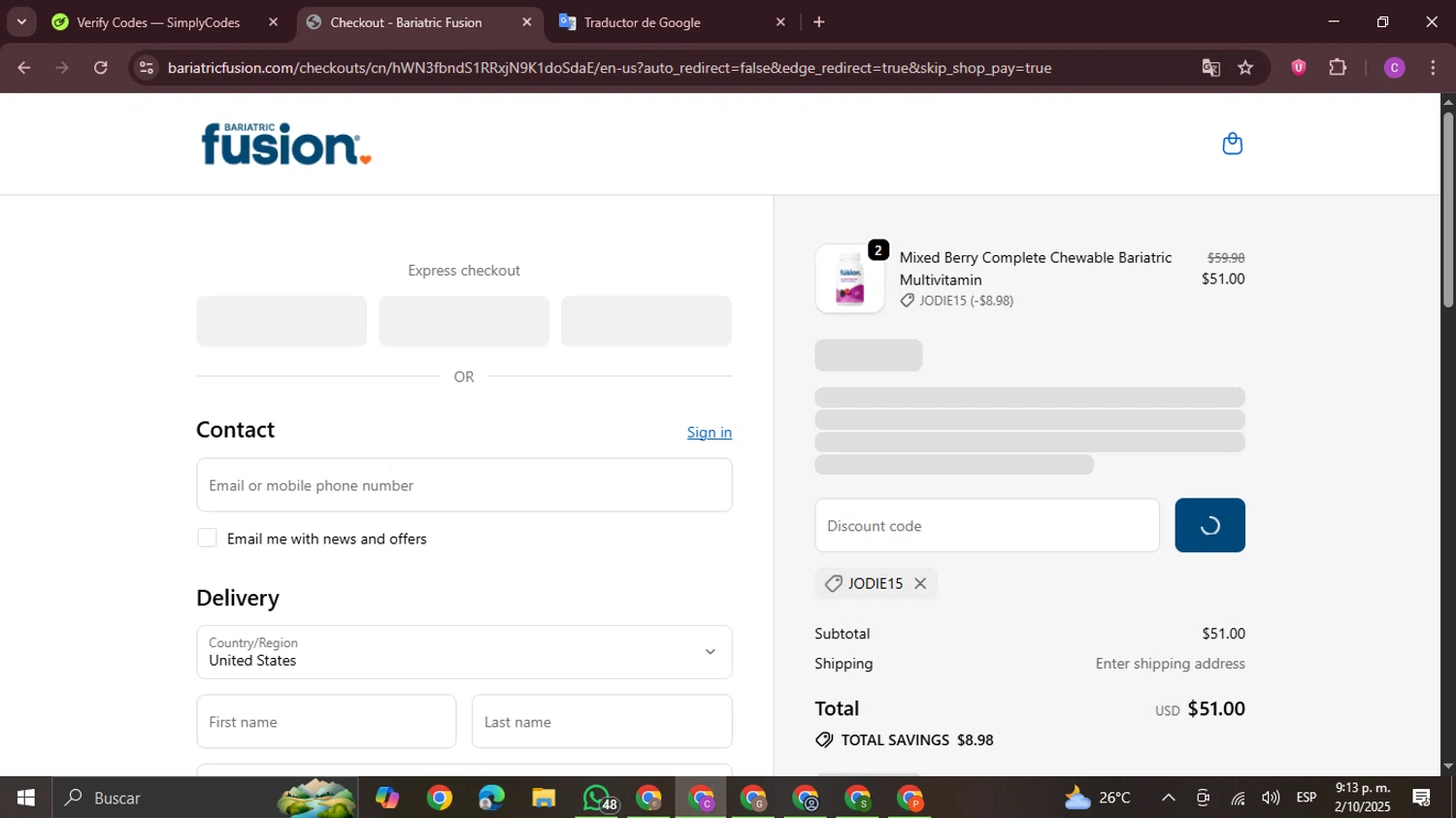 Bariatric Fusion discount code screenshot showing code JODIE15 applied at Bariatric Fusion checkout page. Uploaded by SimplyCodes community member FrugalPro5078 on Oct 3, 2025