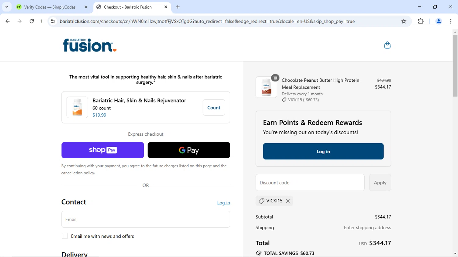 Bariatric Fusion discount code screenshot showing code VICKI15 applied at Bariatric Fusion checkout page. Uploaded by SimplyCodes community member Dizlike on Jul 18, 2025