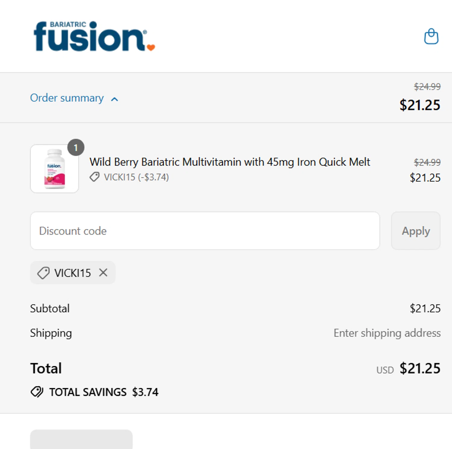 Bariatric Fusion discount code screenshot showing code VICKI15 applied at Bariatric Fusion checkout page. Uploaded by SimplyCodes community member Jose_515 on Jul 18, 2025