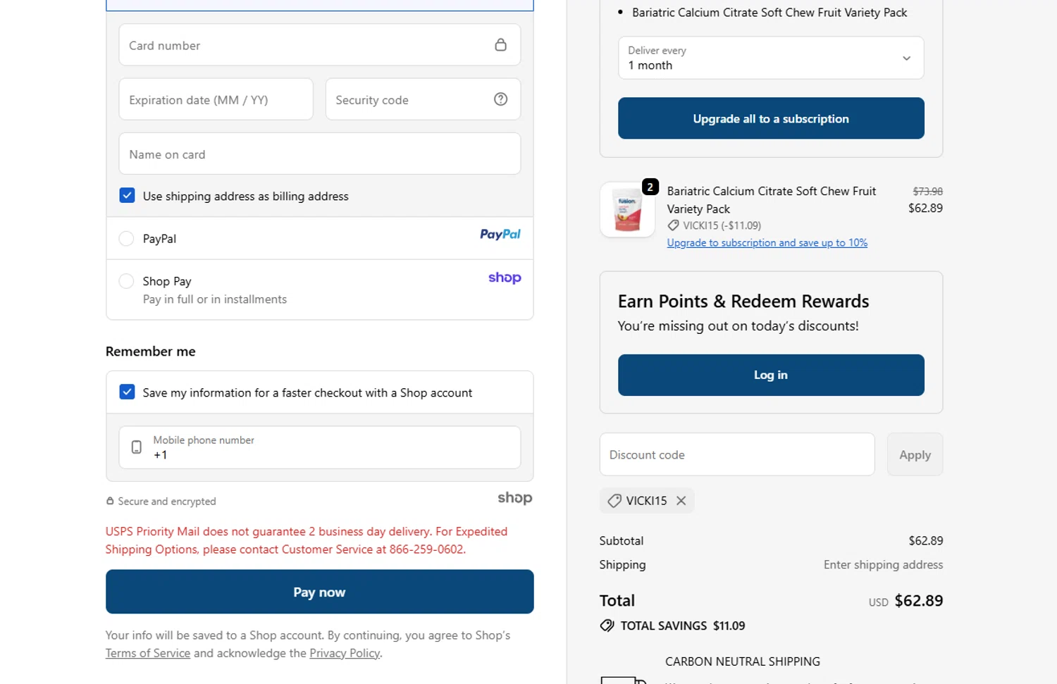 Bariatric Fusion discount code screenshot showing code VICKI15 applied at Bariatric Fusion checkout page. Uploaded by SimplyCodes community member ThriftyShopper3669 on Oct 18, 2025