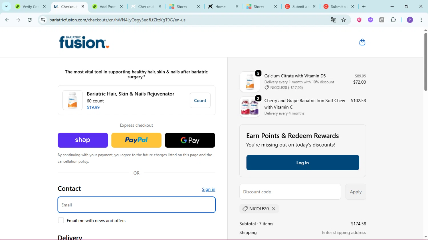 Bariatric Fusion discount code screenshot showing code NICOLE20 applied at Bariatric Fusion checkout page. Uploaded by SimplyCodes community member FortunateLion8466 on Oct 21, 2025