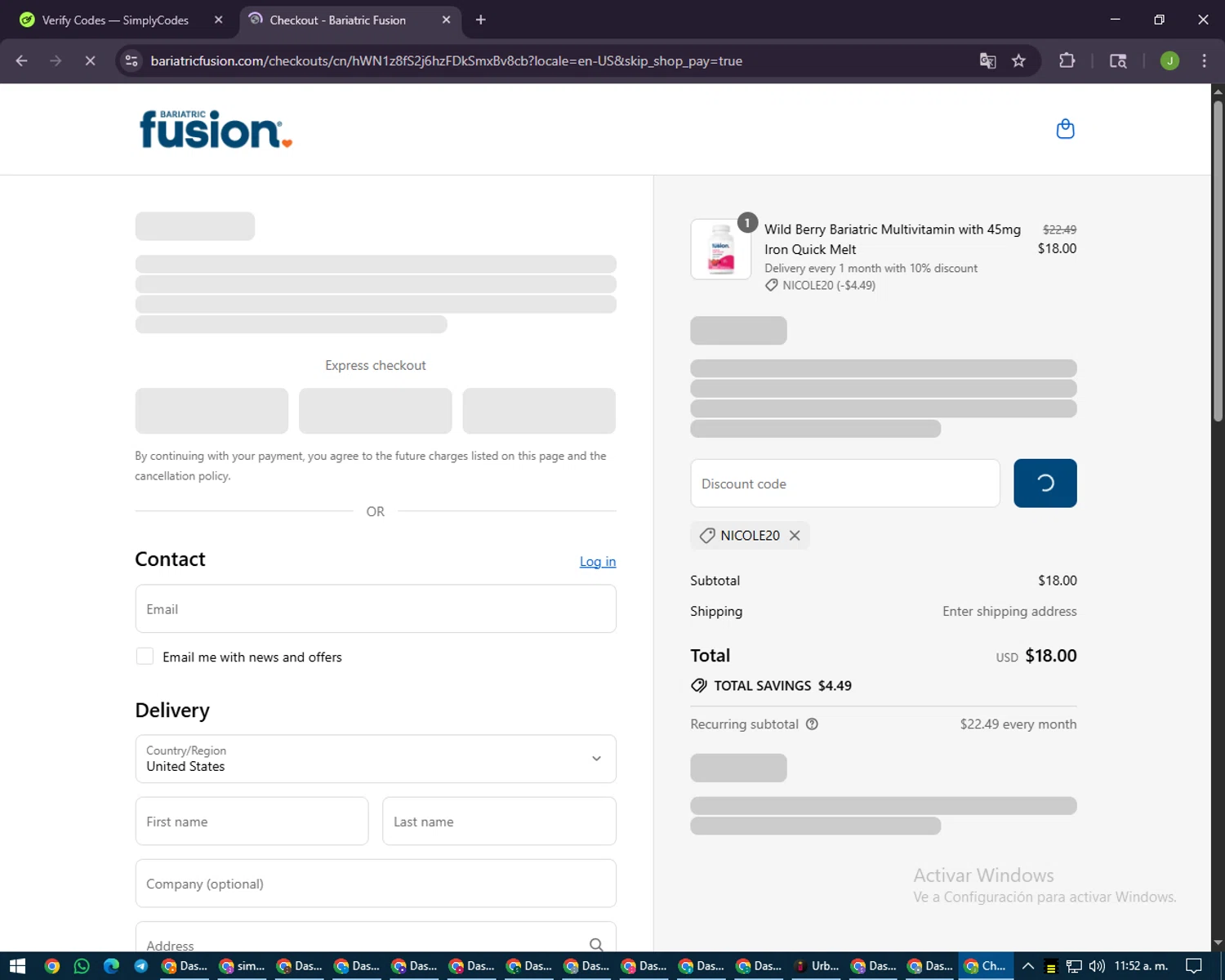 Bariatric Fusion discount code screenshot showing code NICOLE20 applied at Bariatric Fusion checkout page. Uploaded by SimplyCodes community member LilBaby on Aug 19, 2025