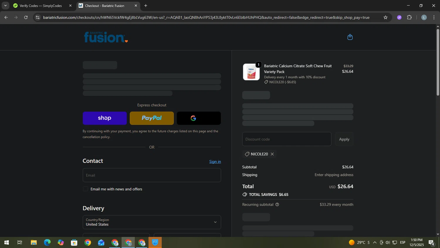 Bariatric Fusion discount code screenshot showing code NICOLE20 applied at Bariatric Fusion checkout page. Uploaded by SimplyCodes community member USERR1 on Dec 5, 2025