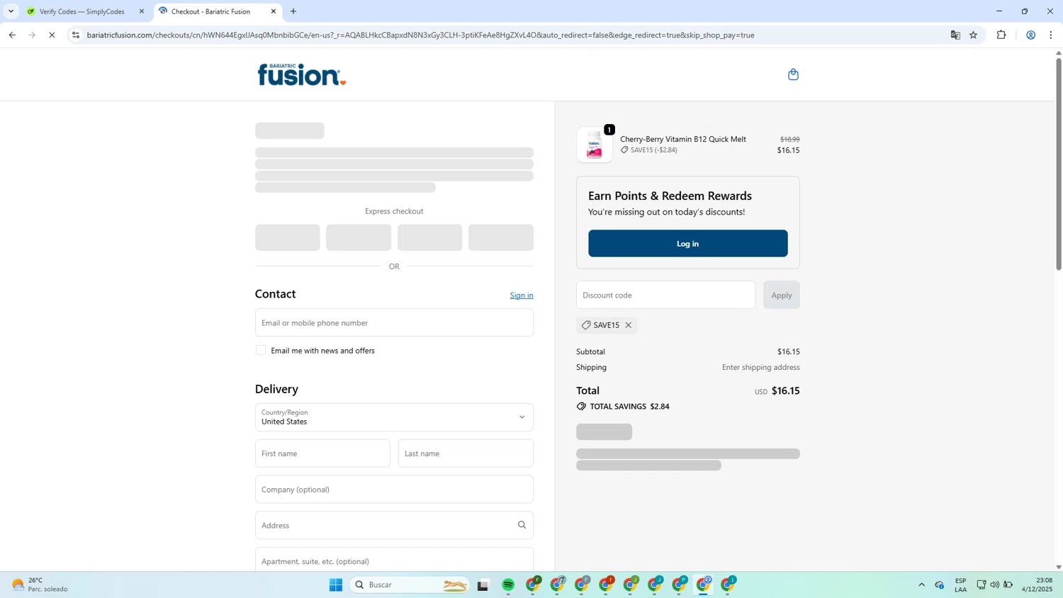 Bariatric Fusion discount code screenshot showing code SAVE15 applied at Bariatric Fusion checkout page. Uploaded by SimplyCodes community member MagnificentCaptain7552 on Dec 5, 2025