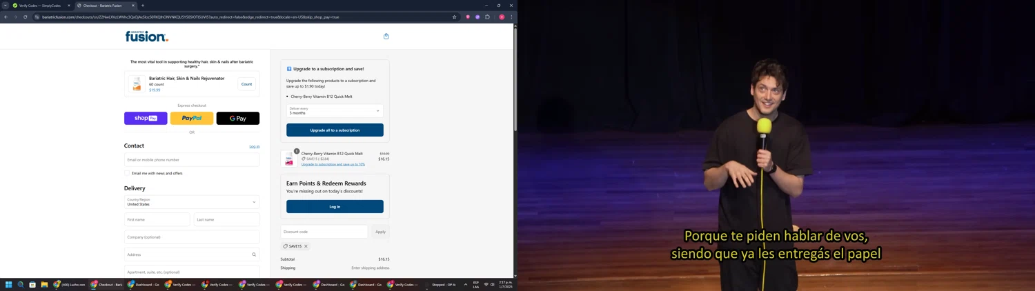 Bariatric Fusion discount code screenshot showing code SAVE15 applied at Bariatric Fusion checkout page. Uploaded by SimplyCodes community member TreasureWarden457 on Jul 1, 2025