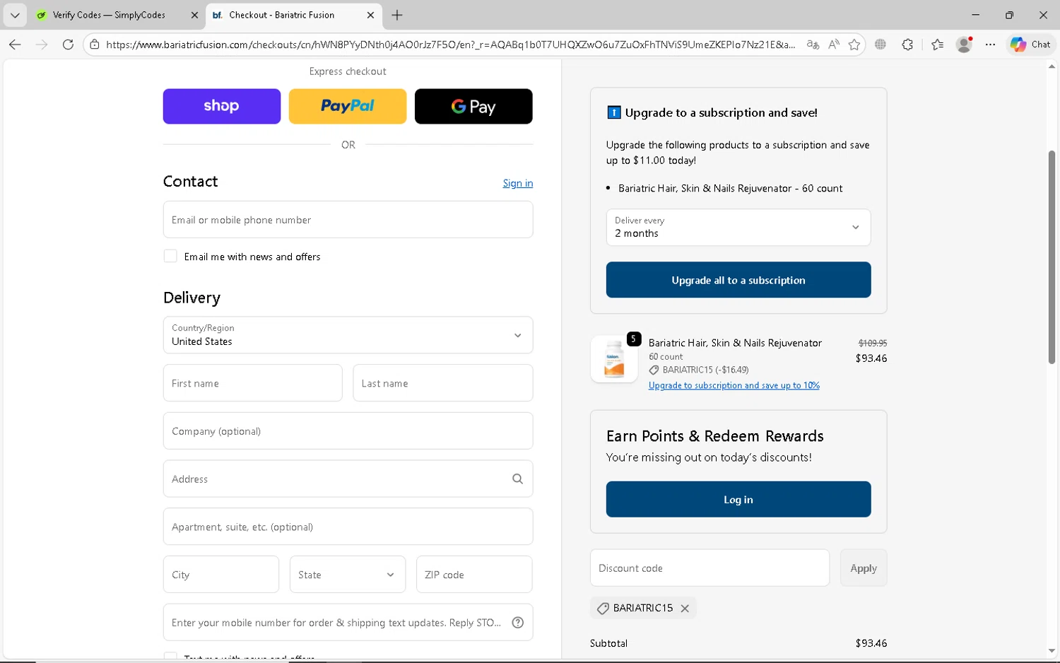 Bariatric Fusion checkout page showing Bariatric Fusion discount code box | Screenshot taken by SimplyCodes community member on Feb 4, 2026