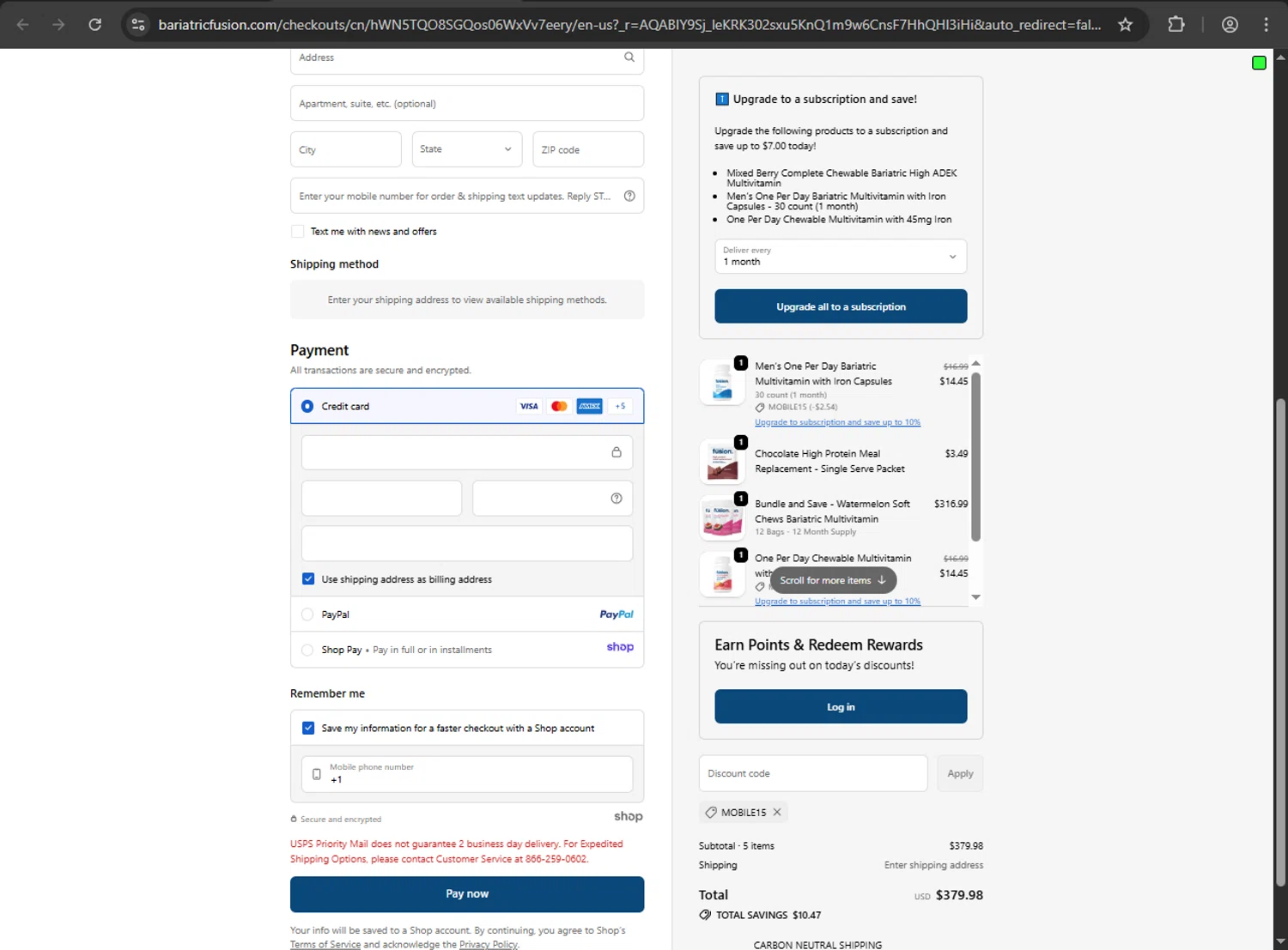 Bariatric Fusion discount code screenshot showing code MOBILE15 applied at Bariatric Fusion checkout page. Uploaded by SimplyCodes community member 61664350 on Nov 19, 2025