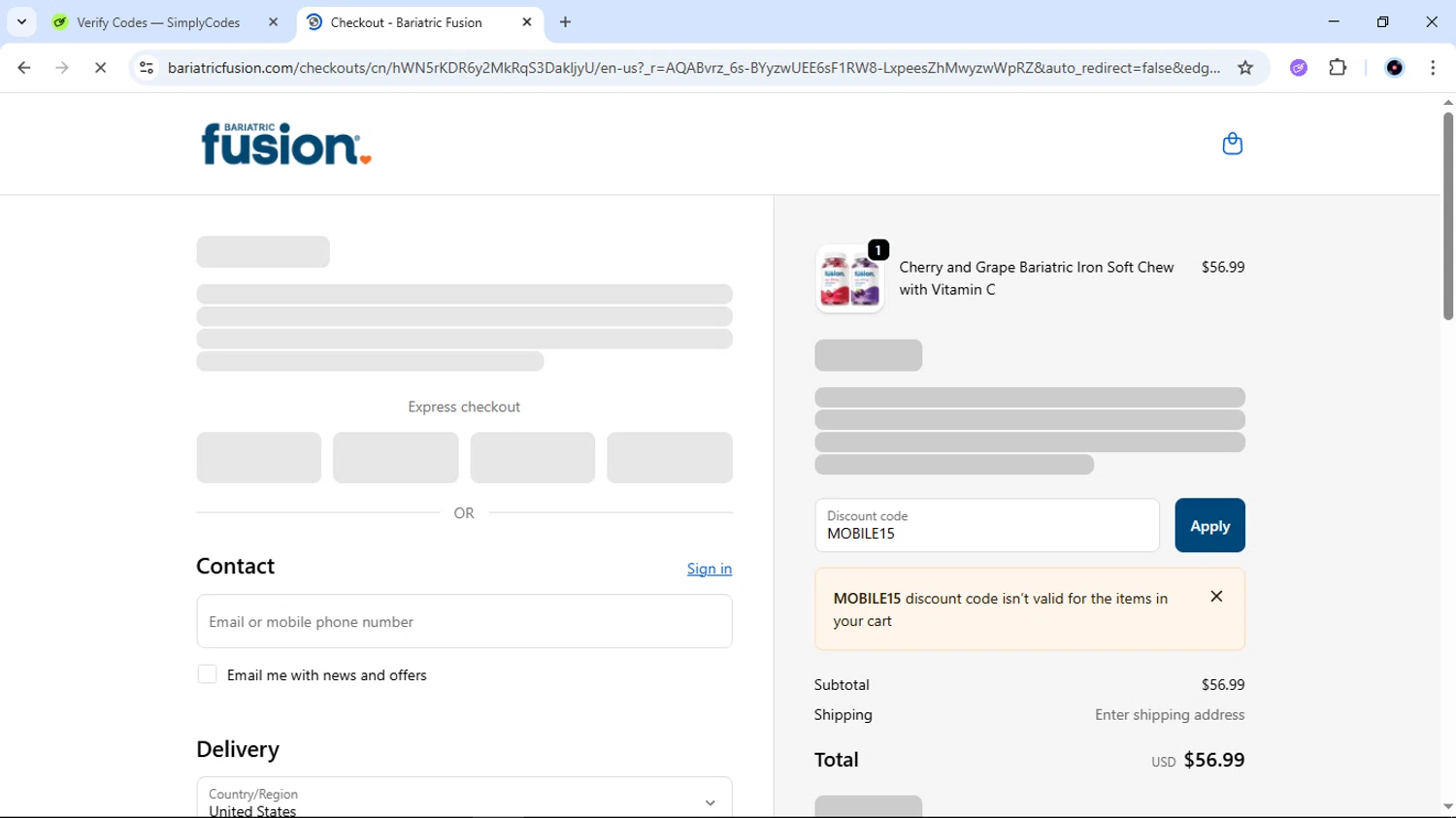 Bariatric Fusion discount code screenshot showing code MOBILE15 applied at Bariatric Fusion checkout page. Uploaded by SimplyCodes community member EpicTiger6039 on Nov 29, 2025