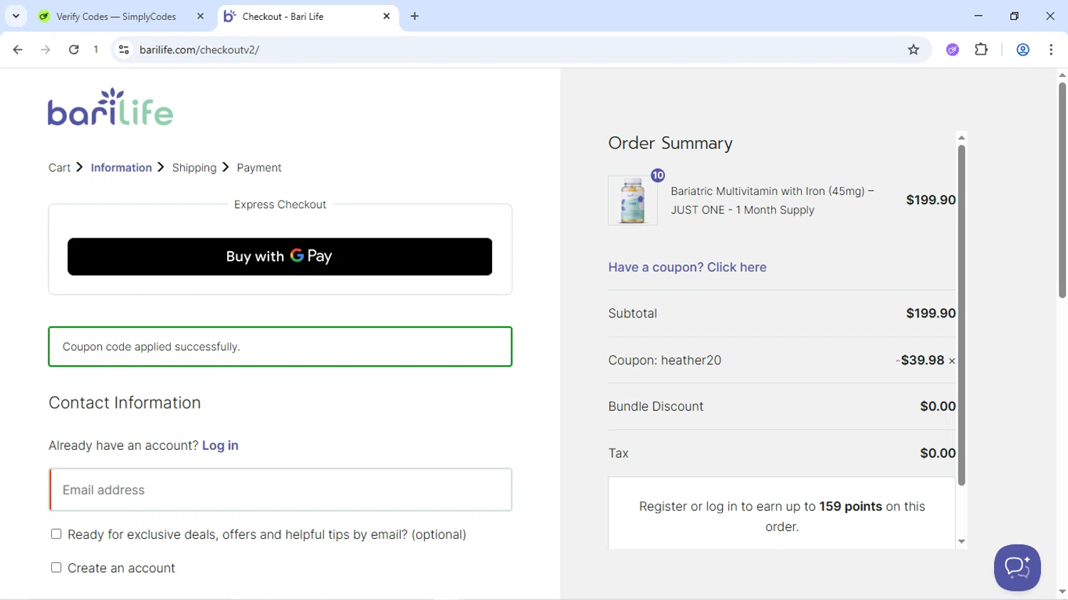 Bari Life coupon code screenshot showing code heather20 applied at Bari Life checkout page. Uploaded by SimplyCodes community member Dizlike on Jun 3, 2025