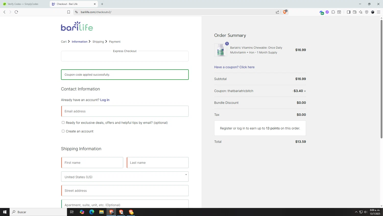 Bari Life coupon code screenshot showing code THATBARIATRICBITCH applied at Bari Life checkout page. Uploaded by SimplyCodes community member AnthonyGTX on Jul 13, 2025