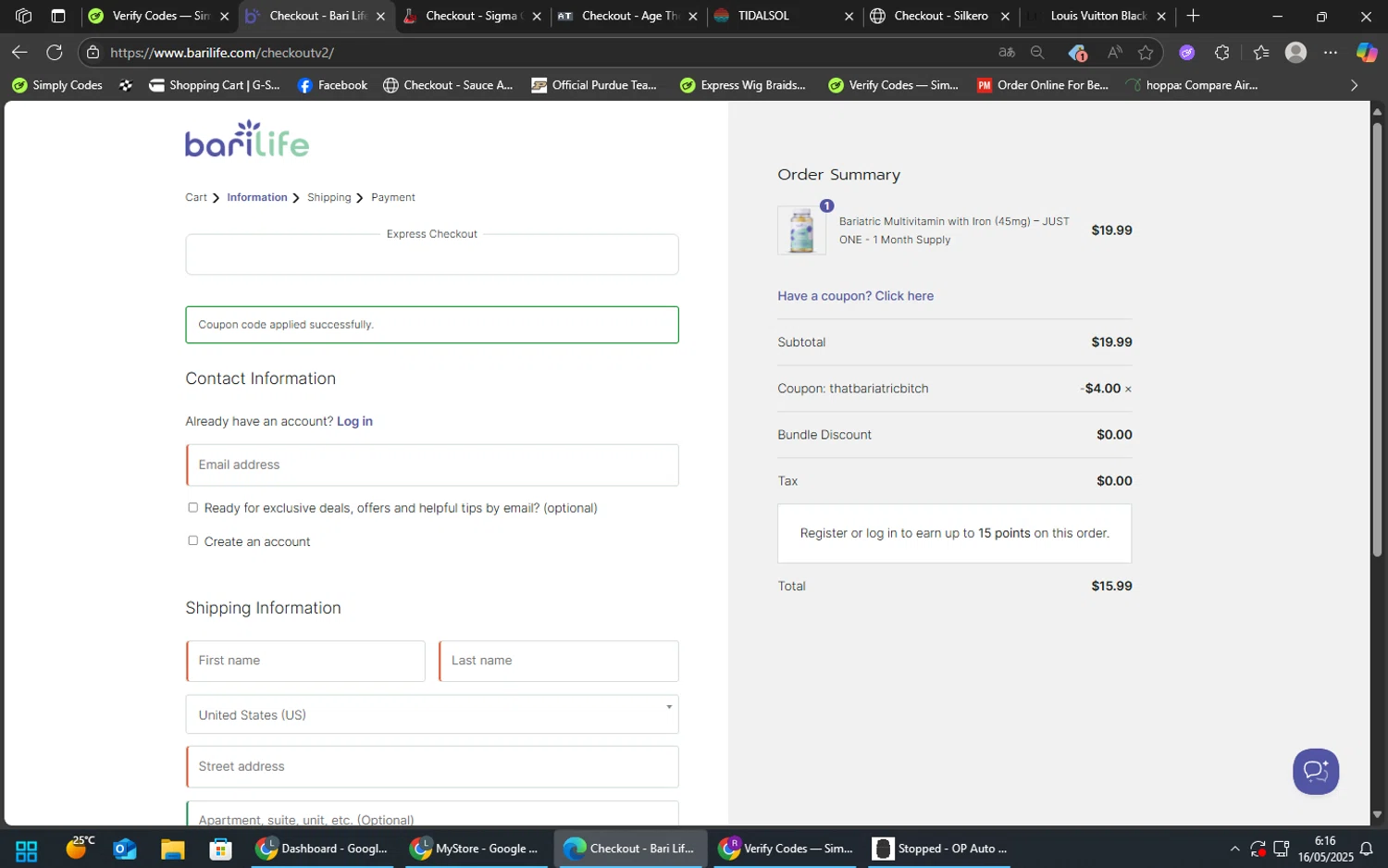 Bari Life coupon code screenshot showing code THATBARIATRICBITCH applied at Bari Life checkout page. Uploaded by SimplyCodes community member nahhhh on May 16, 2025
