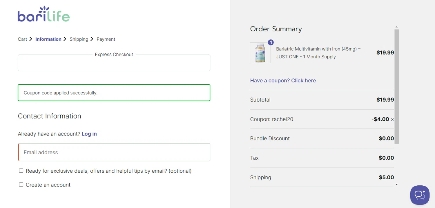 Bari Life coupon code screenshot showing code rachel20 applied at Bari Life checkout page. Uploaded by SimplyCodes community member LukaModric10 on Apr 2, 2025