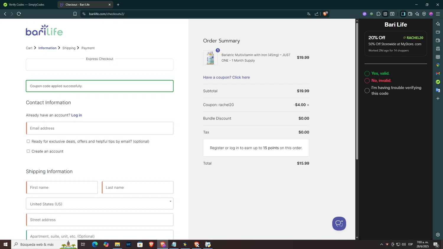 Bari Life coupon code screenshot showing code rachel20 applied at Bari Life checkout page. Uploaded by SimplyCodes community member BOLITAS on Jun 28, 2025