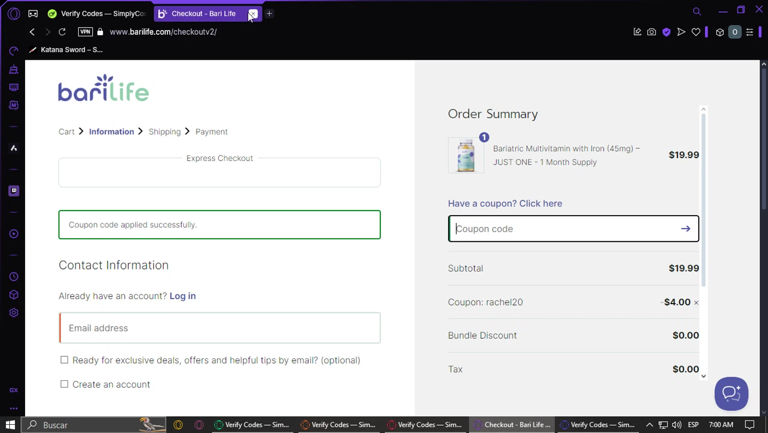 Bari Life coupon code screenshot showing code rachel20 applied at Bari Life checkout page. Uploaded by SimplyCodes community member GoldMaestro7871 on Mar 4, 2025