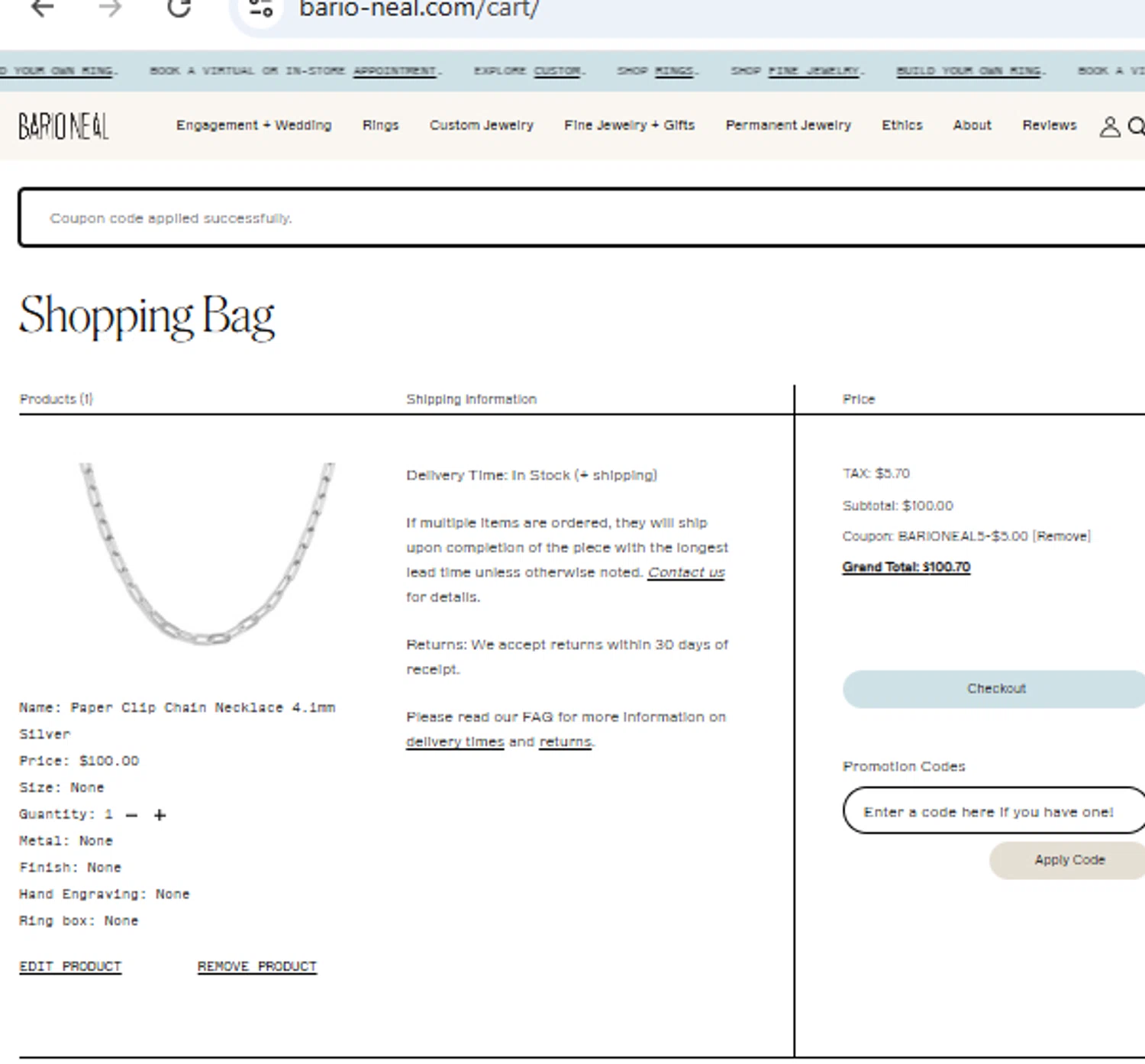 Bario Neal promo code screenshot showing code BARIONEAL5 applied at Bario Neal checkout page. Uploaded by SimplyCodes community member CashMaestro9337 on Jul 20, 2025