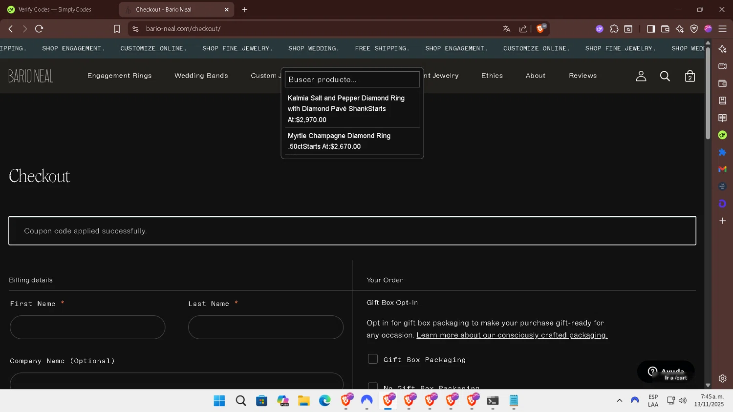 Bario Neal promo code screenshot showing code BARIONEAL5 applied at Bario Neal checkout page. Uploaded by SimplyCodes community member SmartGuardian6731 on Nov 13, 2025