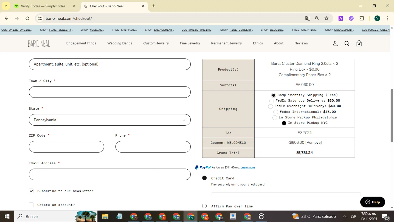 Bario Neal promo code screenshot showing code WELCOME10 applied at Bario Neal checkout page. Uploaded by SimplyCodes community member FrugalHawk8896 on Nov 13, 2025