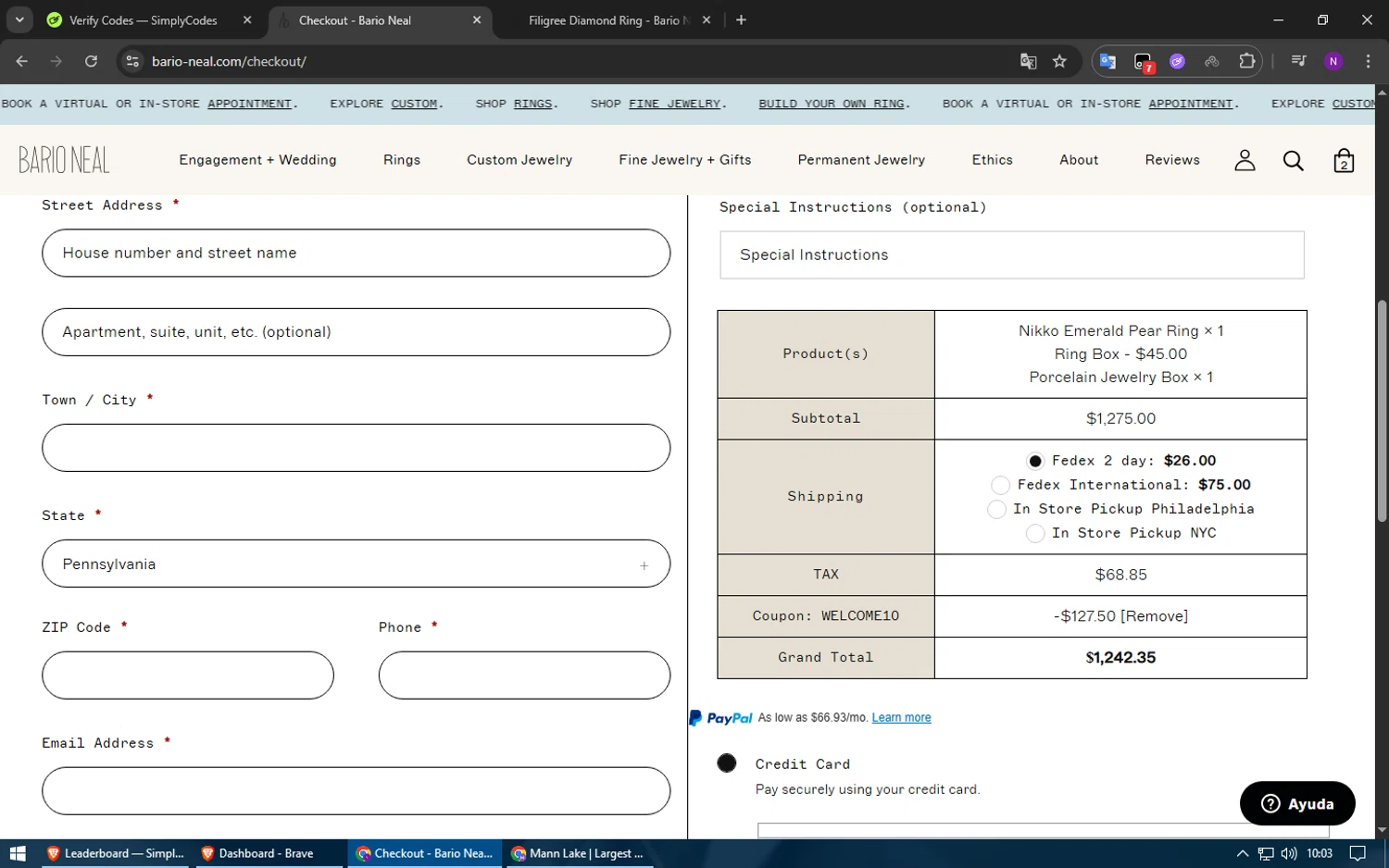 Bario Neal promo code screenshot showing code WELCOME10 applied at Bario Neal checkout page. Uploaded by SimplyCodes community member usuario500 on Jul 20, 2025