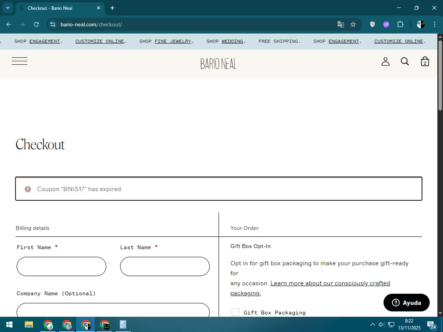 Bario Neal promo code screenshot showing code BNIS17 applied at Bario Neal checkout page. Uploaded by SimplyCodes community member CleverSage9163 on Nov 13, 2025