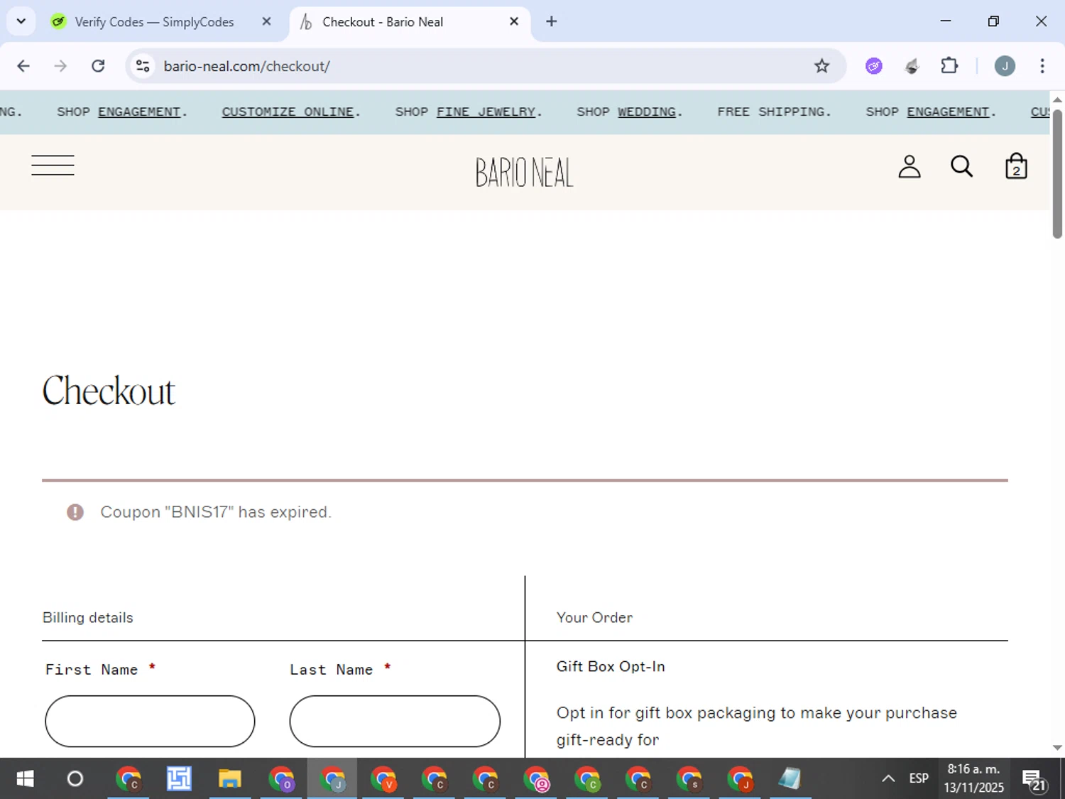 Bario Neal promo code screenshot showing code BNIS17 applied at Bario Neal checkout page. Uploaded by SimplyCodes community member ValueTracker8384 on Nov 13, 2025