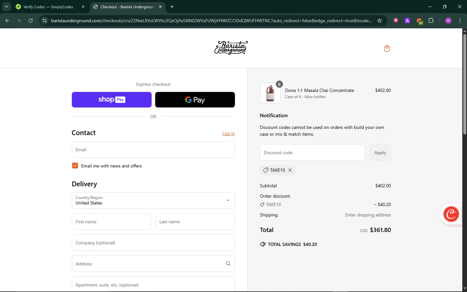 Barista Underground discount code screenshot showing code TAKE10 applied at Barista Underground checkout page. Uploaded by SimplyCodes community member TokenChaser4876 on Jun 24, 2025