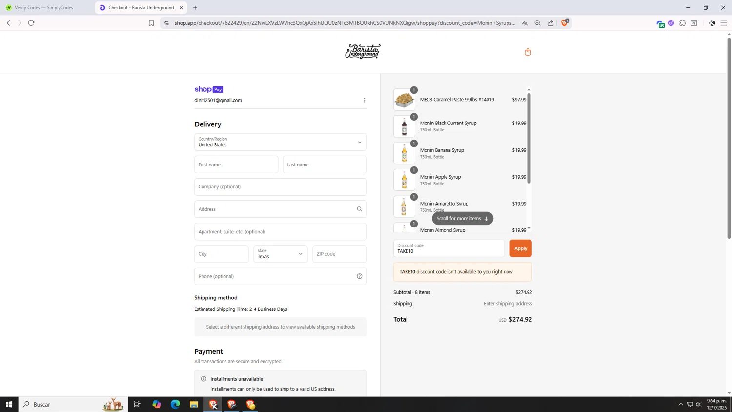 Barista Underground discount code screenshot showing code TAKE10 applied at Barista Underground checkout page. Uploaded by SimplyCodes community member VictoriousDefender7352 on Jul 13, 2025