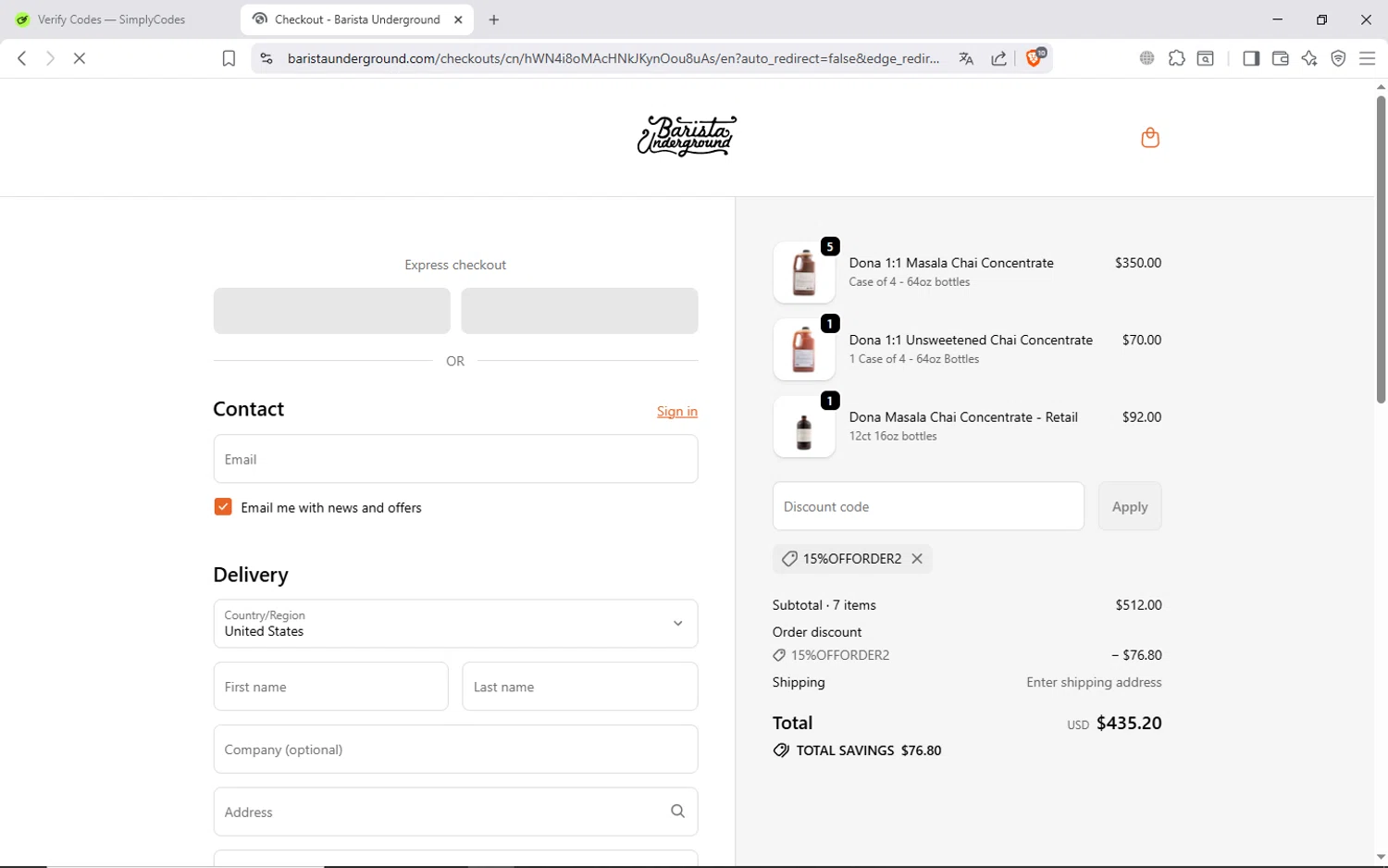 Barista Underground discount code screenshot showing code 15%OFFORDER2 applied at Barista Underground checkout page. Uploaded by SimplyCodes community member ShieldAdmiral6835 on Oct 30, 2025