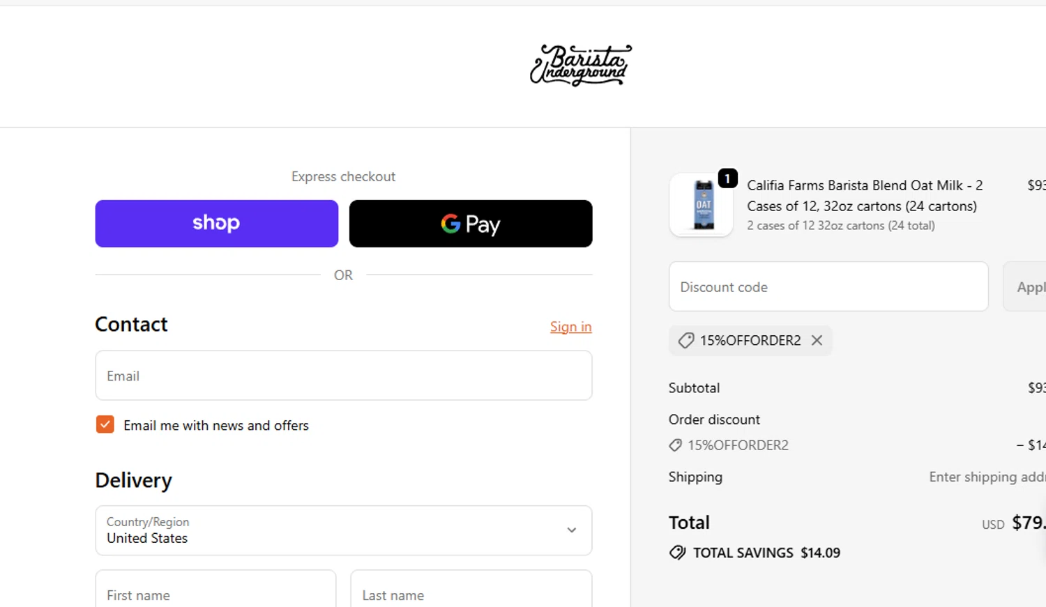 Barista Underground discount code screenshot showing code 15%OFFORDER2 applied at Barista Underground checkout page. Uploaded by SimplyCodes community member Olorinnnnn on Sep 18, 2025