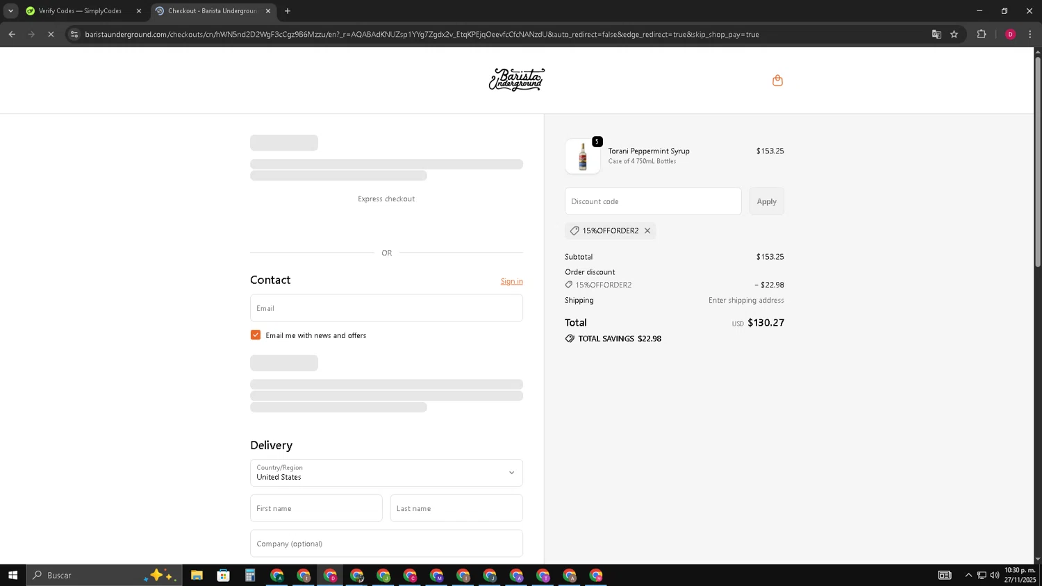 Barista Underground discount code screenshot showing code 15%OFFORDER2 applied at Barista Underground checkout page. Uploaded by SimplyCodes community member TreasureGuardian552 on Nov 28, 2025
