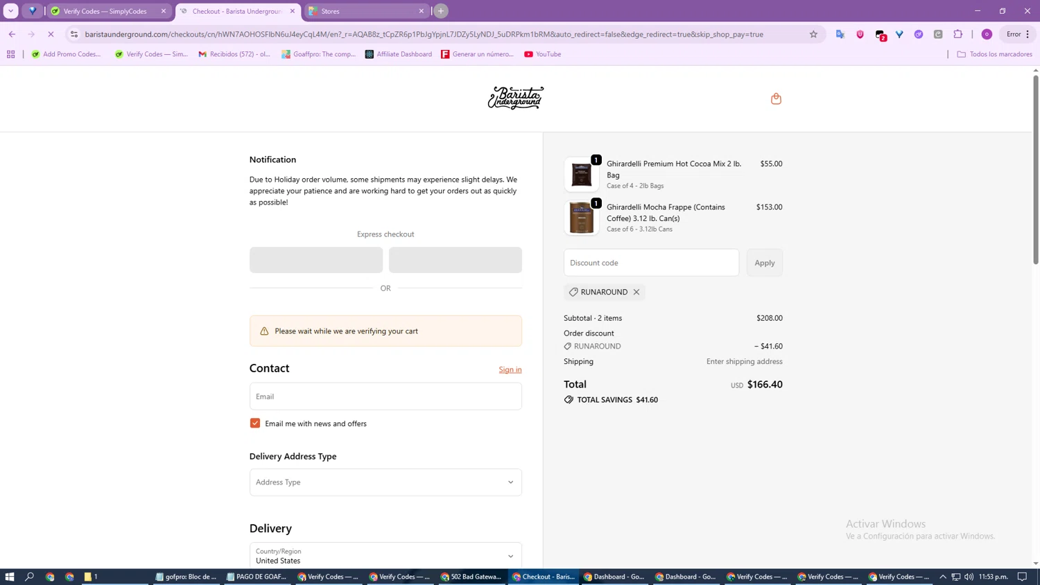 Barista Underground discount code screenshot showing code RUNAROUND applied at Barista Underground checkout page. Uploaded by SimplyCodes community member GoldSage6451 on Jan 3, 2026