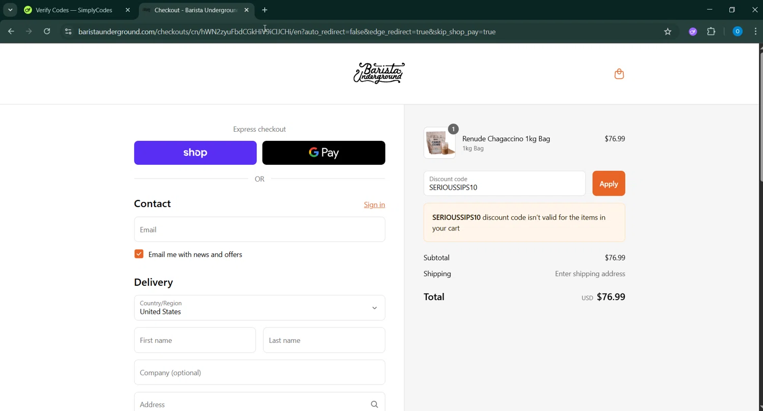Barista Underground discount code screenshot showing code SERIOUSSIPS10 applied at Barista Underground checkout page. Uploaded by SimplyCodes community member GoldChaser6627 on Sep 15, 2025