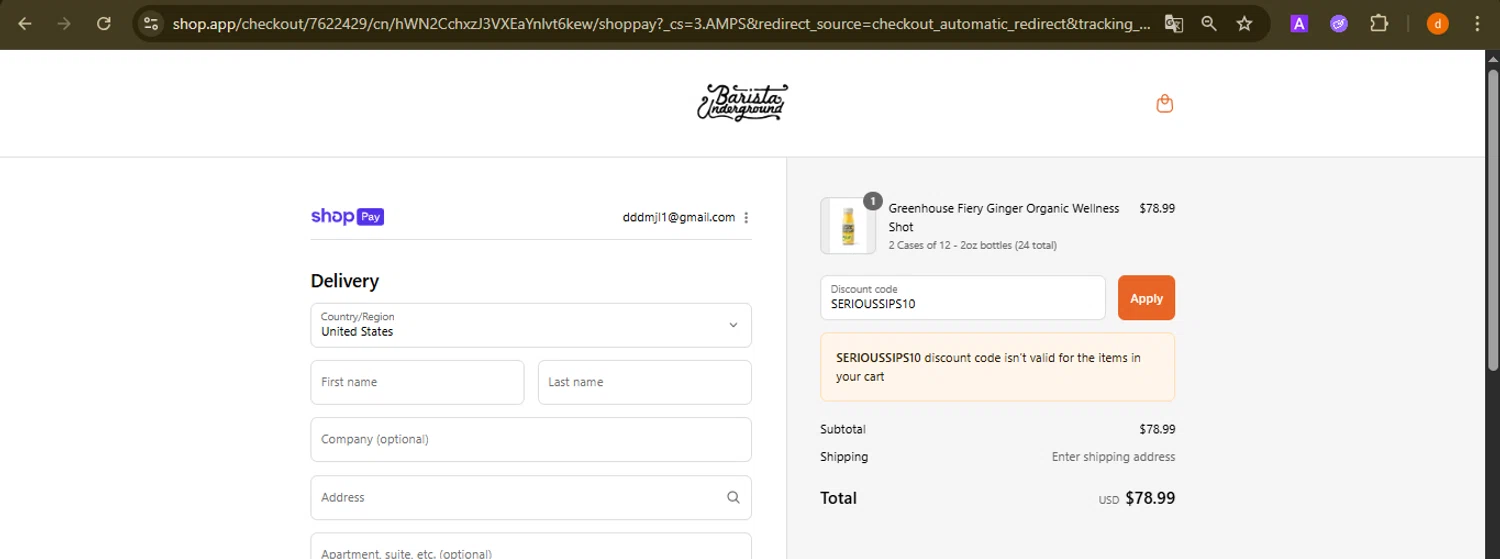 Barista Underground discount code screenshot showing code SERIOUSSIPS10 applied at Barista Underground checkout page. Uploaded by SimplyCodes community member PennyAdmiral6960 on Aug 25, 2025
