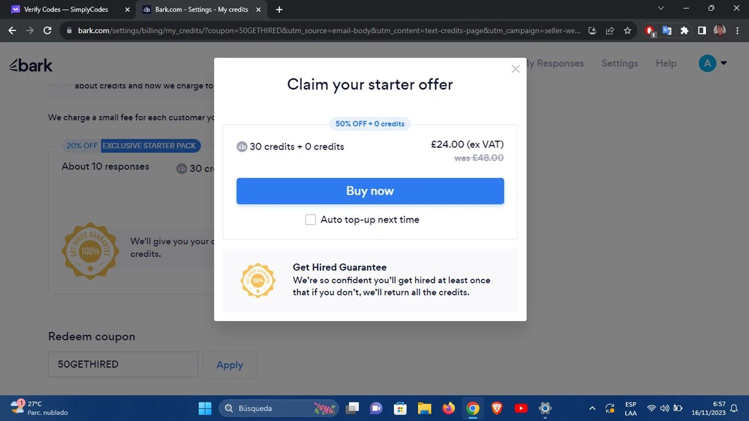 Bark checkout page showing Bark promo code box | Screenshot taken by SimplyCodes community member on Nov 16, 2023