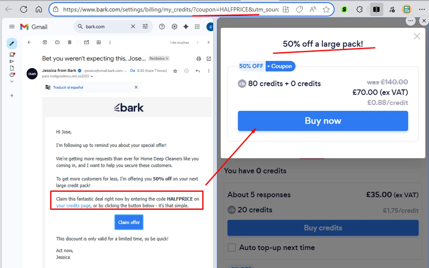 Bark promo code screenshot showing code HALFPRICE applied at Bark checkout page. Uploaded by SimplyCodes community member paola49520 on Aug 12, 2025