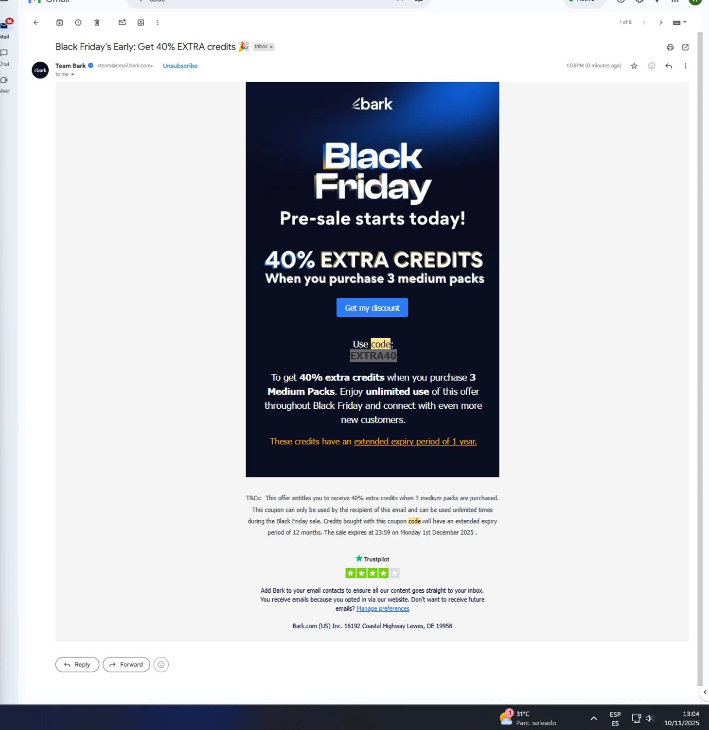 Bark promo code screenshot showing code EXTRA40 applied at Bark checkout page. Uploaded by SimplyCodes community member UnkNownVnzla on Nov 10, 2025