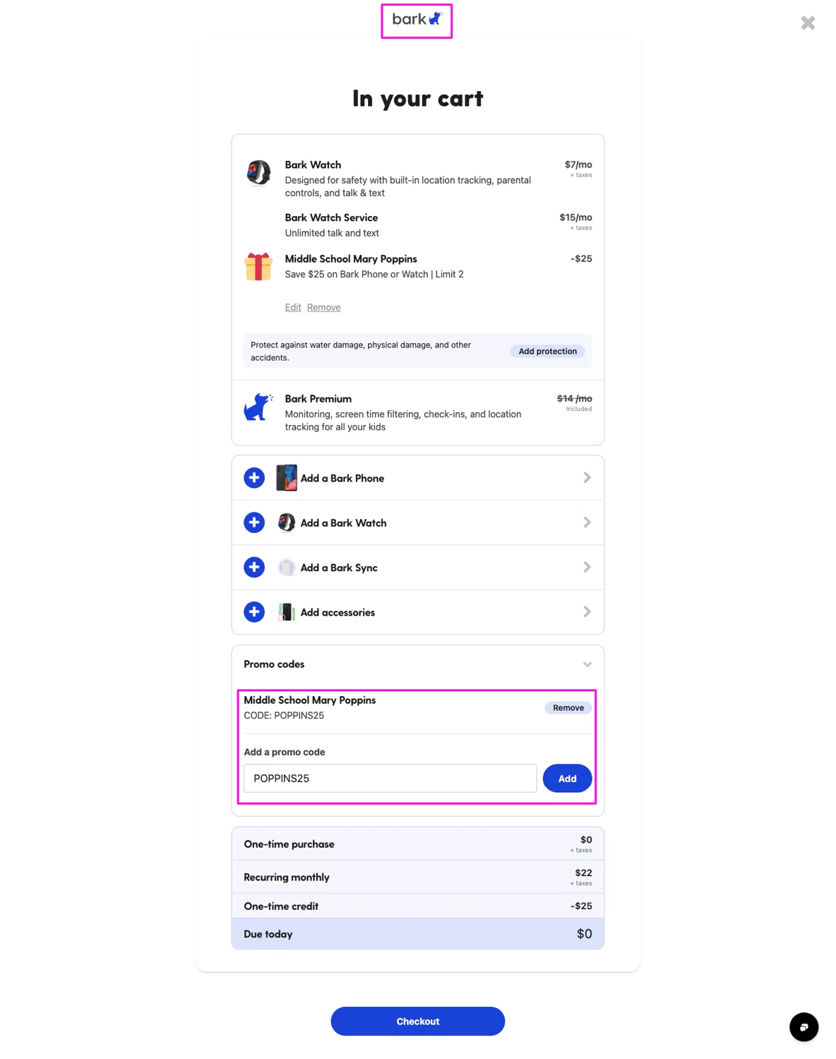 Bark App promo code screenshot showing code POPPINS25 applied at Bark App checkout page. Uploaded by SimplyCodes community member chandlerbing on Jun 7, 2026