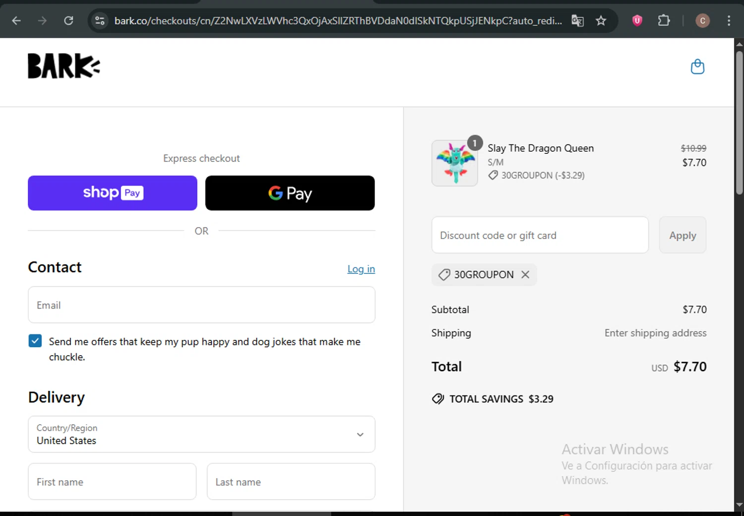 BarkBox discount code screenshot showing code 30GROUPON applied at BarkBox checkout page. Uploaded by SimplyCodes community member SwiftCaptain4127 on Jun 29, 2025