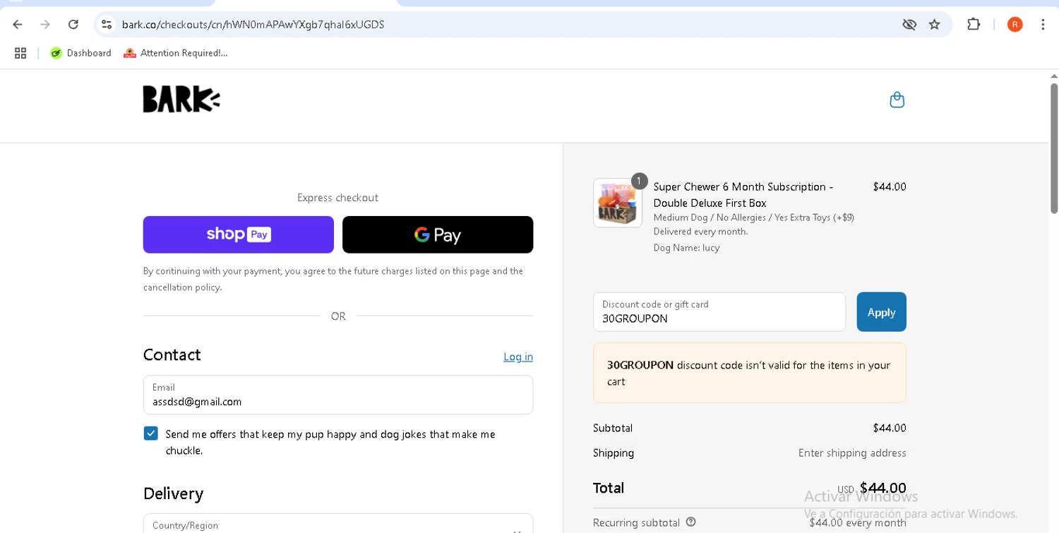 BarkBox discount code screenshot showing code 30GROUPON applied at BarkBox checkout page. Uploaded by SimplyCodes community member rodolfocaraballo on Jul 18, 2025